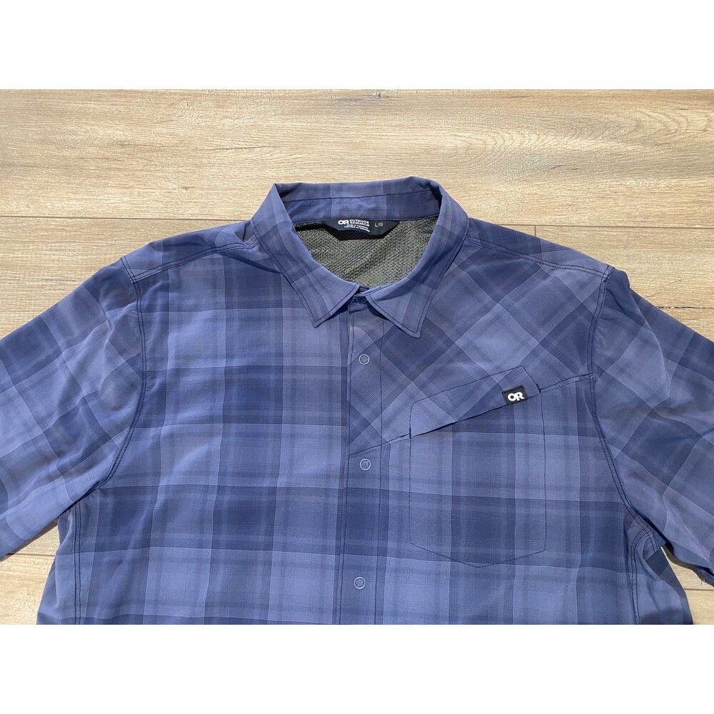 Outdoor Research Astroman Mens L Blue Plaid Sun Shirt Hiking Short Sleeve Light - Picture 2 of 8